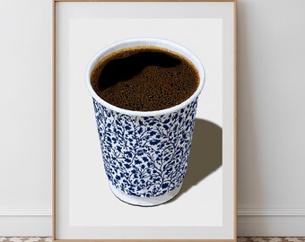 Patterned Coffee Cup Wall Art | Modern Chinoiserie Kitchen Print | Grandmillennial Coffee Bar Decor | Blue and White