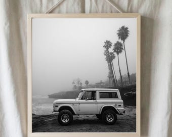 Vintage Bronco Car Print, Black and White Beach Coastal Photography (Digital Download)