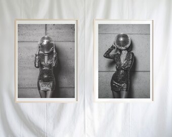 Disco Ball Fashion Photography Set | Black and White Surreal Wall Art | Modern Glam Digital Download | Editorial Fashion Print Pair
