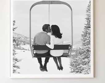 Vintage Ski Lift Couple, Black and White Winter Art,  Skiing Print