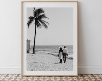 Vintage Beach Walk Print: Black and White Coastal Wall Art, Minimalist Palm Tree Print, Digital Download