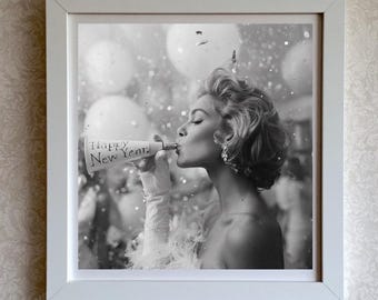 Vintage New Year's Wall Art Printable, Black and White Old Hollywood Glamour Print, Retro Party Decor, Instant Digital Download
