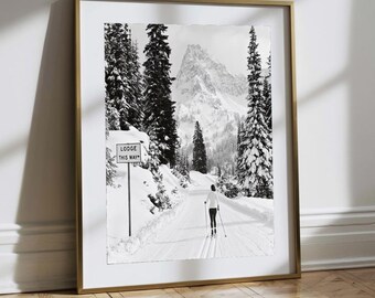 Lodge This Way Wall Art, Woman Skiing Lodge Decor, Vintage Print, Winter Mountain Art, , Snowy Cabin Printable