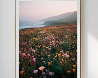 California Poppy Coastal Wall Art | Wildflower Ocean View Landscape Print | Dreamy Boho Floral Decor | Digital Download Home Art