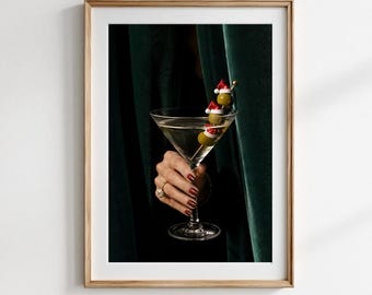 Vintage Christmas Martini Wall Art, Santa Hat Olive Print, Holiday Cocktail Decor, Bar Cart Art, Digital Download