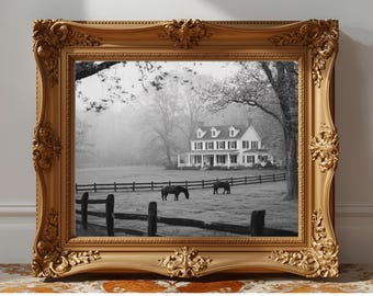 Vintage Farmhouse Horse Print | Foggy Countryside Scene