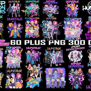 Puede incluir: Colección de gráficos digitales con personajes de estilo anime en varias poses y entornos. El texto incluye "K-POP DEMON HUNTERS", "60 PLUS PNG 300 DPI" y otras frases. Los diseños son coloridos y vibrantes, con un fondo negro.