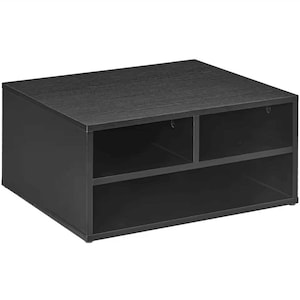 Peut inclure: Unité de rangement noire et rectangulaire avec deux étagères ouvertes et un compartiment supérieur divisé. L'unité présente un fini grain de bois foncé et est conçue pour l'organisation et le rangement.