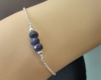 Blue sapphire sterling silver chain bracelet, natural sapphire, blue gemstone bracelet, minimal thin bracelet, gift idea