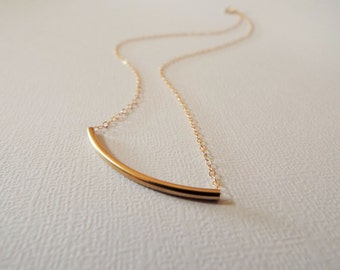 14k Gold fill curved tube bar necklace- Gold tube Simple dainty gold necklace-  Everyday jewelry- 14k Gold Tube necklace