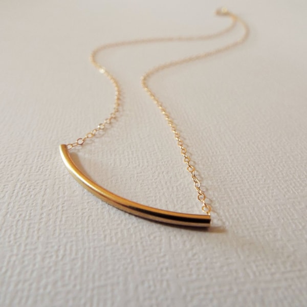 14k Gold fill curved tube bar necklace- Gold tube Simple dainty gold necklace-  Everyday jewelry- 14k Gold Tube necklace