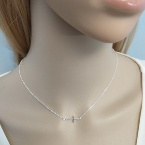 Silver Sideways Cross Necklace Thin Cross Minimalist jewelry Dainty Silver Cross 925 Necklaces Off center cross image 8