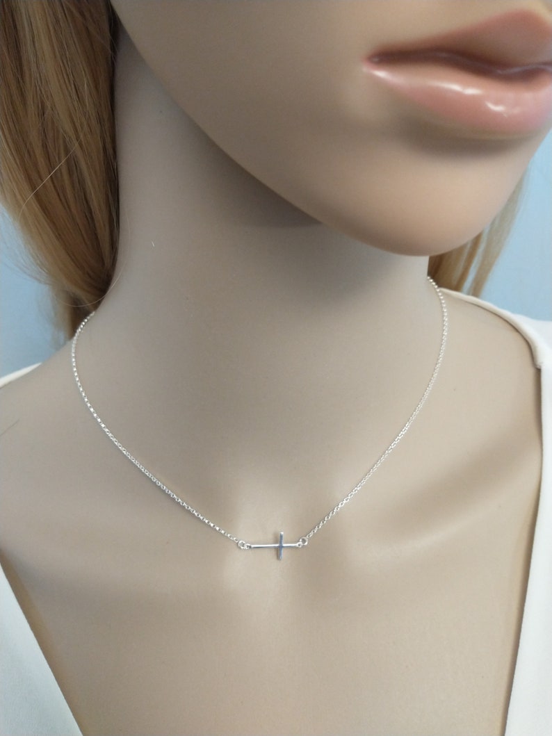 Silver Sideways Cross Necklace Thin Cross Minimalist jewelry Dainty Silver Cross 925 Necklaces Off center cross image 8