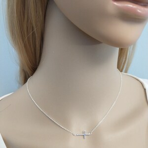 Silver Sideways Cross Necklace Thin Cross Minimalist jewelry Dainty Silver Cross 925 Necklaces Off center cross image 6