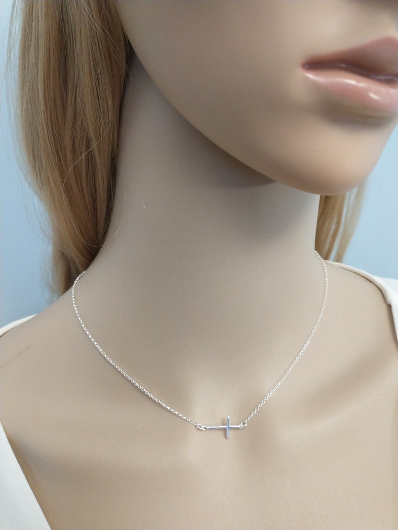 Silver Sideways Cross Necklace Thin Cross Minimalist jewelry Dainty Silver Cross 925 Necklaces Off center cross image 6