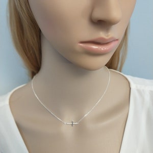 Silver Sideways Cross Necklace Thin Cross Minimalist jewelry Dainty Silver Cross 925 Necklaces Off center cross image 7
