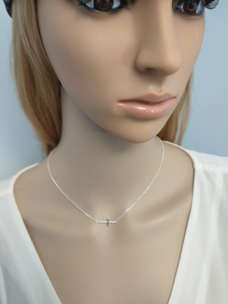 Silver Sideways Cross Necklace Thin Cross Minimalist jewelry Dainty Silver Cross 925 Necklaces Off center cross image 7