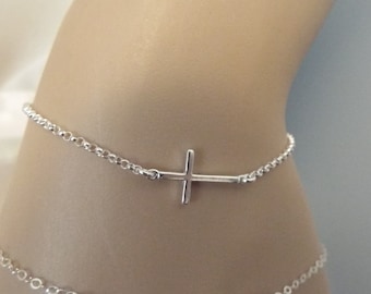 Silver Cross Bracelet- 925 Solid Sterling Sideways Cross Bracelet- Dainty thin Silver Bracelet- Silver Jewelry