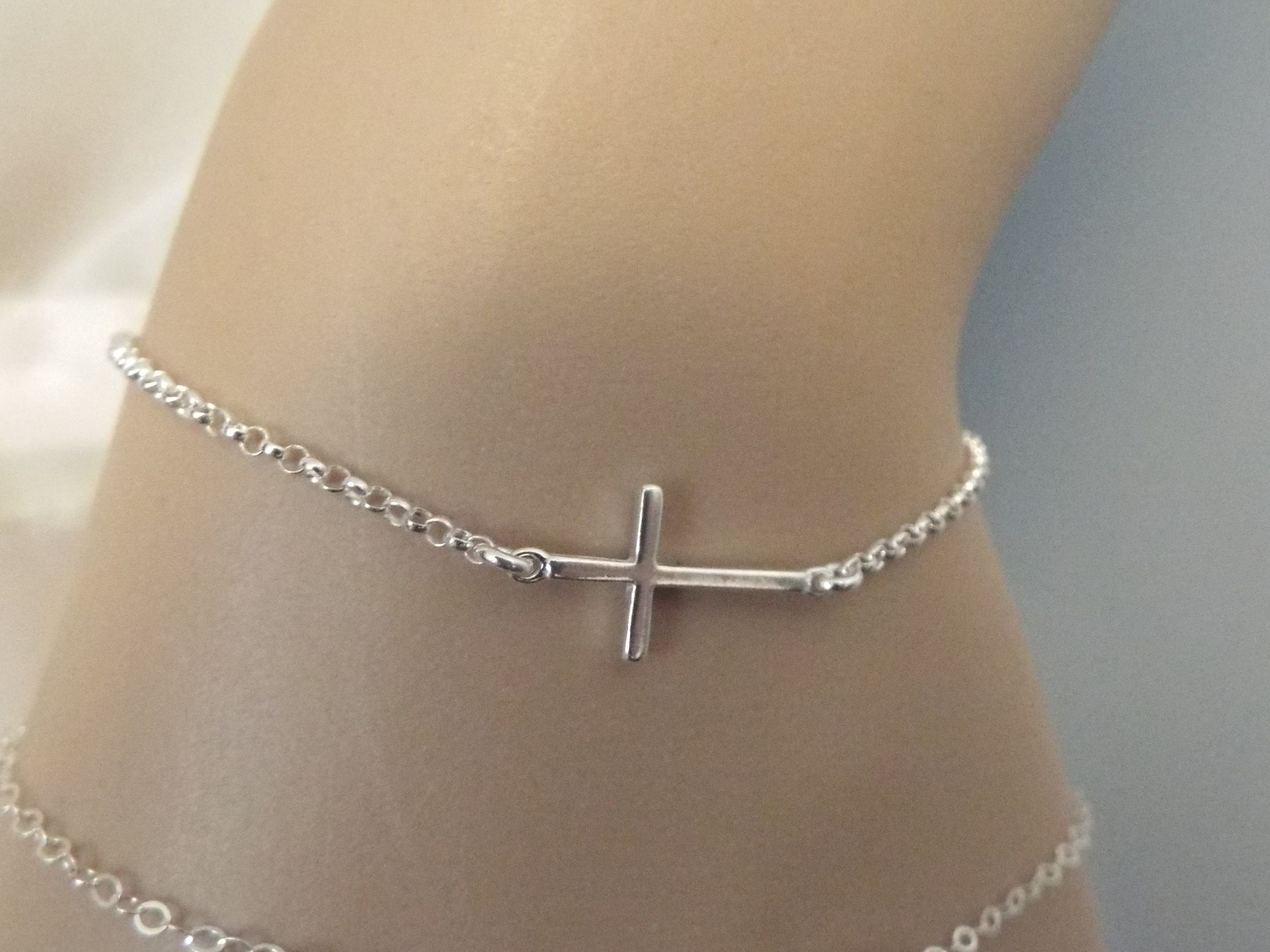 Silver Cross Bracelet- 925 Solid Sterling Sideways Cross Bracelet- Dainty thin Silver Bracelet- Silver Jewelry