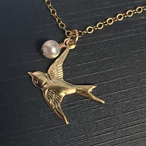 SALE Gold Swallow Necklace- Bird and Pearl Gold Fill Necklace- Free Bird- Dainty necklace- Delicate Gold Jewelry- Dainty- GIFT IDEA