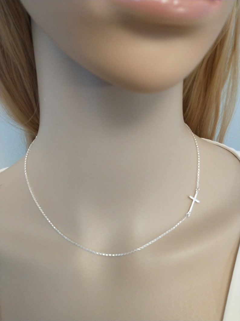 Silver Sideways Cross Necklace Thin Cross Minimalist jewelry Dainty Silver Cross 925 Necklaces Off center cross image 4