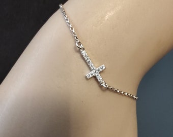Sterling silver tiny CZ Cross bracelet, dainty diamond crystal cz's, 925 minimalist jewelry, dainty silver cross, gift for her