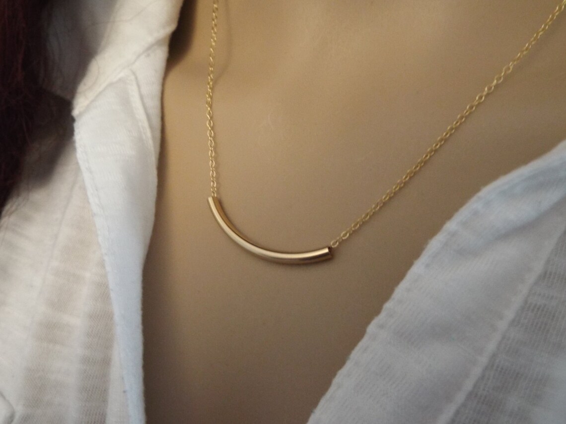 14k Gold Fill Curved Tube Bar Necklace Gold Tube Simple Etsy