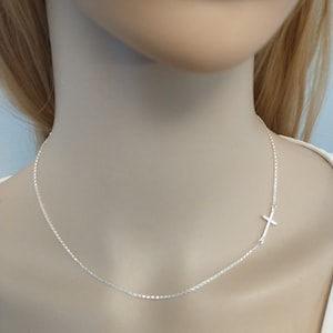 Thin Silver Sideways Cross Necklace Minimalist jewelry- Dainty Silver Cross 925 Necklaces- Off center cross