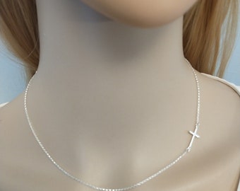 Thin Silver Sideways Cross Necklace Minimalist jewelry- Dainty Silver Cross 925 Necklaces- Off center cross