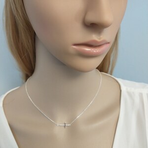 Silver Sideways Cross Necklace Thin Cross Minimalist jewelry Dainty Silver Cross 925 Necklaces Off center cross image 2