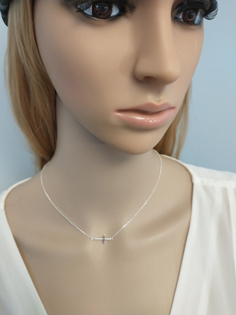 Silver Sideways Cross Necklace Thin Cross Minimalist jewelry Dainty Silver Cross 925 Necklaces Off center cross image 2