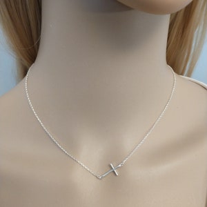 Silver Sideways Cross Necklace Thin Cross Minimalist jewelry Dainty Silver Cross 925 Necklaces Off center cross image 3