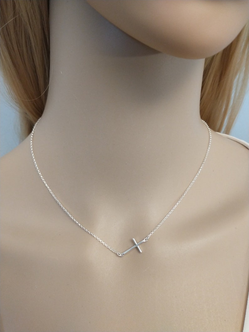 Silver Sideways Cross Necklace Thin Cross Minimalist jewelry Dainty Silver Cross 925 Necklaces Off center cross image 3