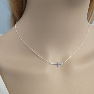 Silver Sideways Cross Necklace Thin Cross Minimalist jewelry Dainty Silver Cross 925 Necklaces Off center cross image 9