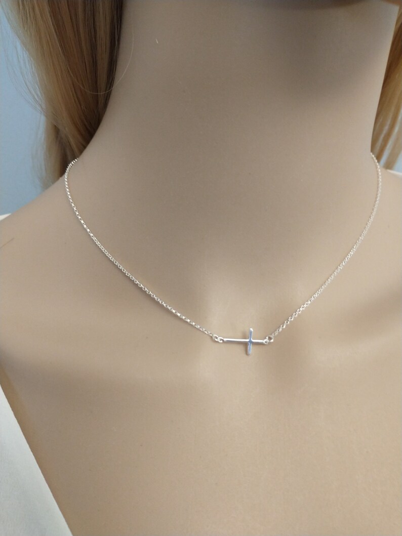Silver Sideways Cross Necklace Thin Cross Minimalist jewelry Dainty Silver Cross 925 Necklaces Off center cross image 9