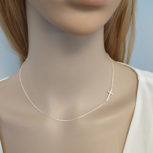 Silver Sideways Cross Necklace Thin Cross Minimalist jewelry Dainty Silver Cross 925 Necklaces Off center cross image 5