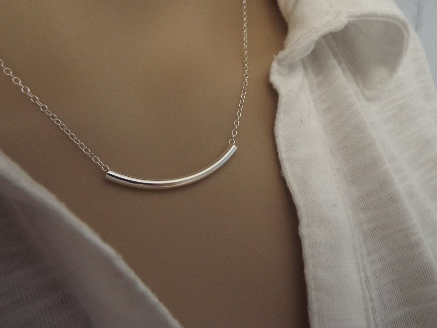 925 Sterling Silver curved tube bar necklace Simple silver Etsy