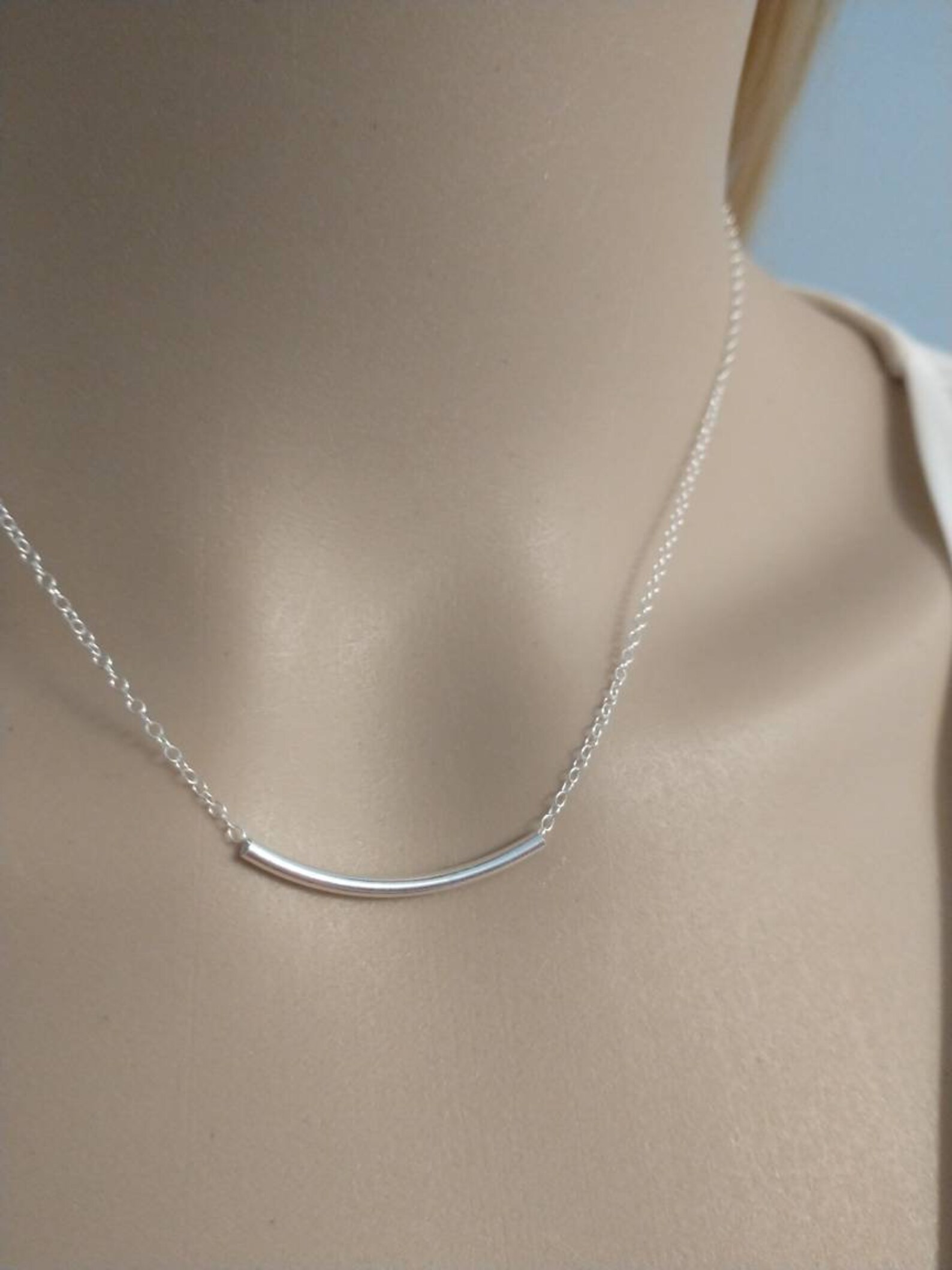 925 Sterling Silver curved tube bar necklace Simple silver Etsy