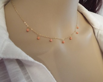 Gold fill Choker, Delicate Coral Necklace, Pink Peach Coral Necklace, Gold Gemstone Choker, Layered Gold Necklace, Layering Collar Necklace