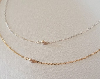 Tiny Pearl Necklace, Sterling Silver,  Yellow Gold Filled- Minimalist Everyday Jewelry, White Pearl, Bridesmaid