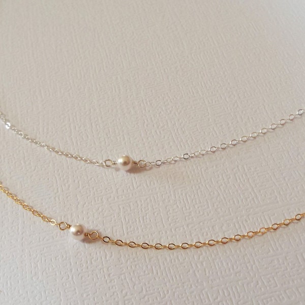 Tiny Pearl Necklace, Sterling Silver,  Yellow Gold Filled- Minimalist Everyday Jewelry, White Pearl, Bridesmaid