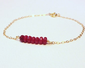 Ruby Red Gold Fill Bracelet- Dainty Thin Gold Bracelet- Gold Fill Jewelry- Friendship Bracelet- Garnet Red Gemstone Bracelet