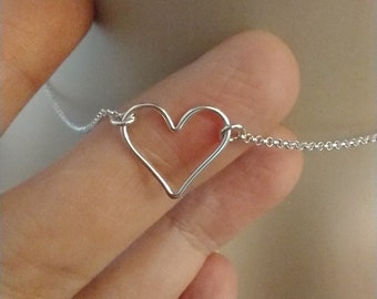 Sterling Silver Floating Heart Necklace- Open Heart Necklace- Layering Necklace- 925 Necklace- Silver Necklace