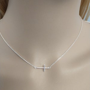 Silver Sideways Cross Necklace Thin Cross Minimalist jewelry Dainty Silver Cross 925 Necklaces Off center cross image 1