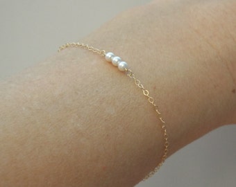 Tiny three pearl bracelet, Sterling Silver, Gold Fill, Rose Gold Fill, Thin bracelet, bridesmaids, flower girl, bridal, Tiny little pearls