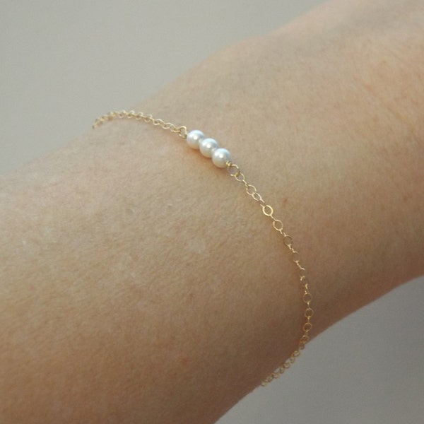 Tiny three pearl bracelet, Sterling Silver, Gold Fill, Rose Gold Fill, Thin bracelet, bridesmaids, flower girl, bridal, Tiny little pearls