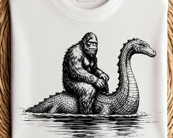 Bigfoot Riding Loch Ness Monster PNG: cryptid art mythical creature png vintage engraving style (Digital Download)