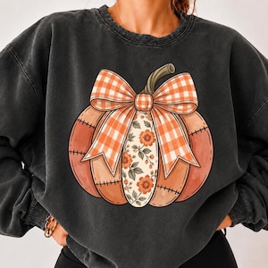 May include: A charcoal grey crewneck sweatshirt featuring a large graphic of a pumpkin. The pumpkin has orange and white gingham patterned sections, a central panel with orange floral patterns, and a large orange and white gingham bow on top.