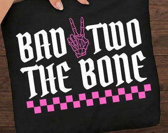 Bad Two The Bone PNG: Funny Skeleton Peace Hand Birthday png 2nd Birthday Punk Gothic Pink Aesthetic (Digital Download)