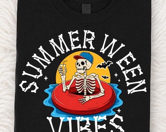 Summerween Vibes Skeleton Float Summer Halloween PNG: Spooky Summer Skeleton Pool Float Sunset Beach Aesthetic PNG (Digital Download)